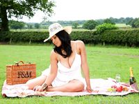 Hot middle-aged lady Danica Collins masturbates during a picnic on a blanket