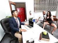 Teacher with glasses Angela White sucks at her black co-worker in the office and gets what she wants