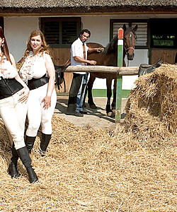 Big titted dykes Christy Marks & Terry Nova wear riding attire at horse farm