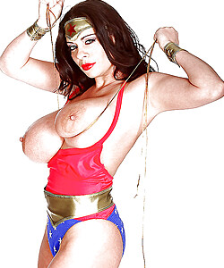 MILF Linsey Dawn McKenzie letting hooters loose from Wonder Woman outfit