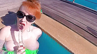 British Horny Redhead MILF Fucks Herself In The Pool, Until Cock Arrives! Big Boobs Porn Video